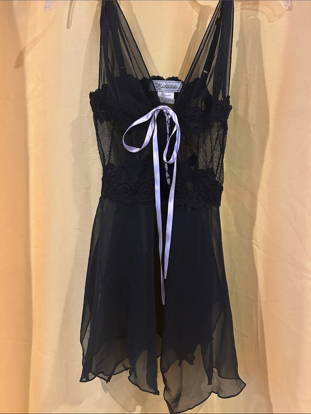 Sheer Lace-Trim Black Chemise with Satin Tie by Escante